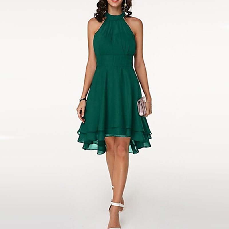 Women'S Fashion Sexy Solid Color Tailoring Layered Sleeveless Chiffon Party Evening Dress - ANIBEY