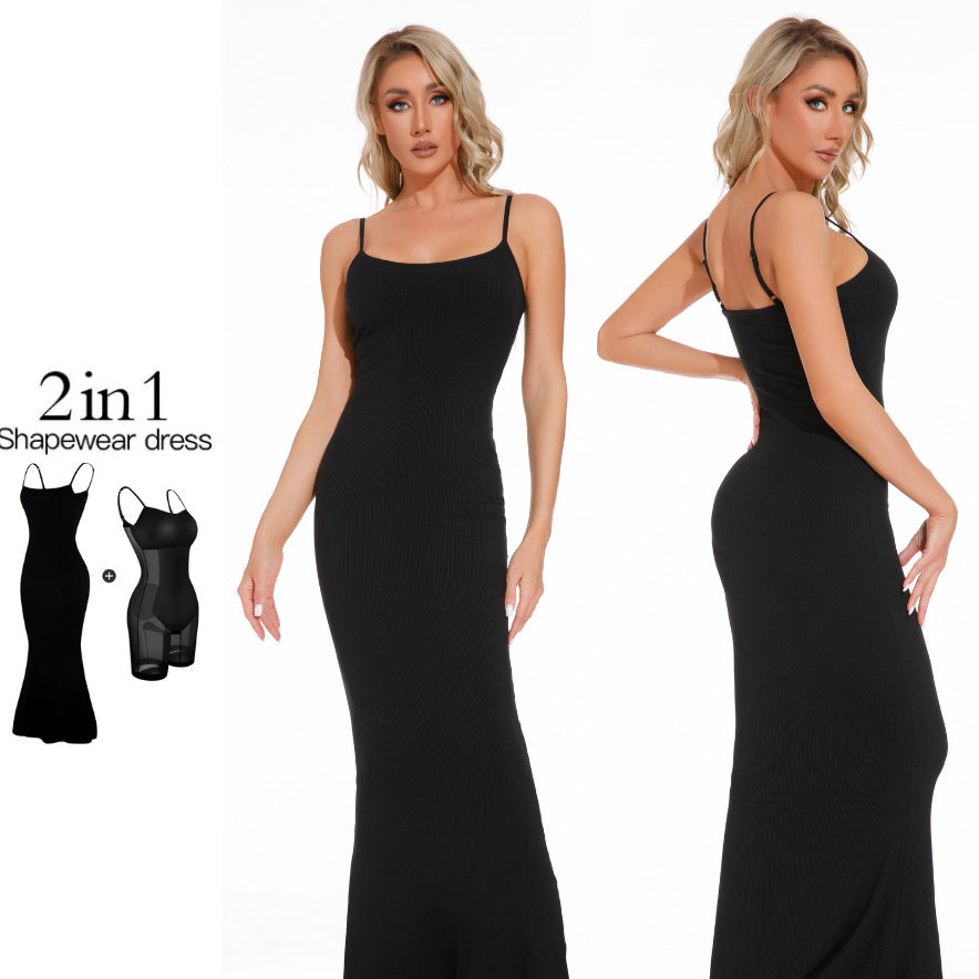 Women's Shapewear Dress Jumpsuit Tummy Tuck Lift Corset Open Crotch Suspender Tight Long Skirt Chest Pad Bodysuit Dress - ANIBEY