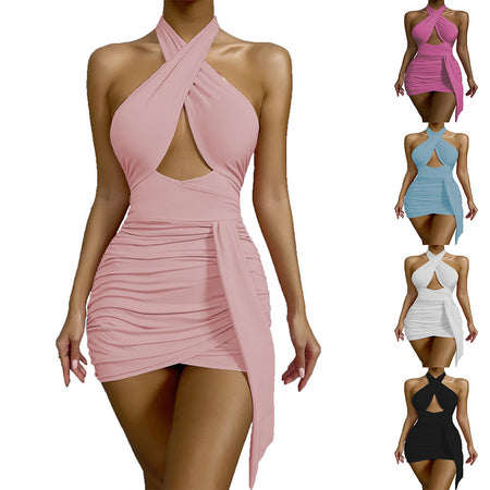 New Style Bag Hip European And American Cross Halter Neckless Pleated Dress - ANIBEY