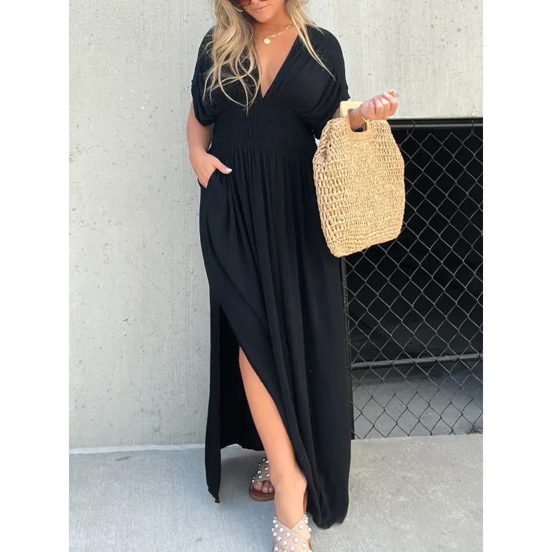 Pleating Slit Loose Beach Dress - ANIBEY