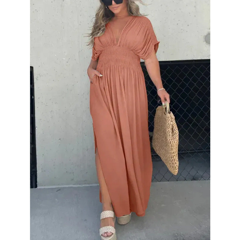 Pleating Slit Loose Beach Dress - ANIBEY