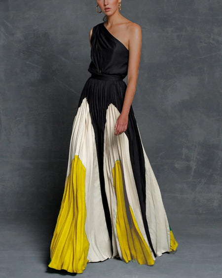 Stitching strapless contrast color maxi dress - ANIBEY