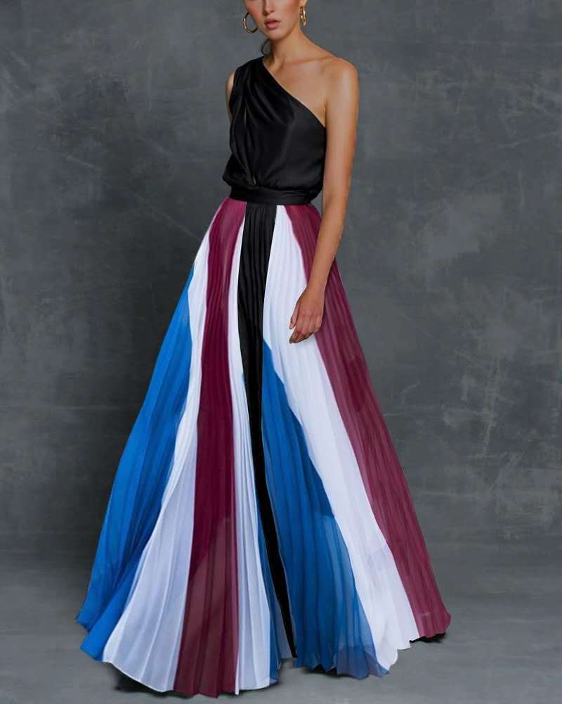 Stitching strapless contrast color maxi dress - ANIBEY