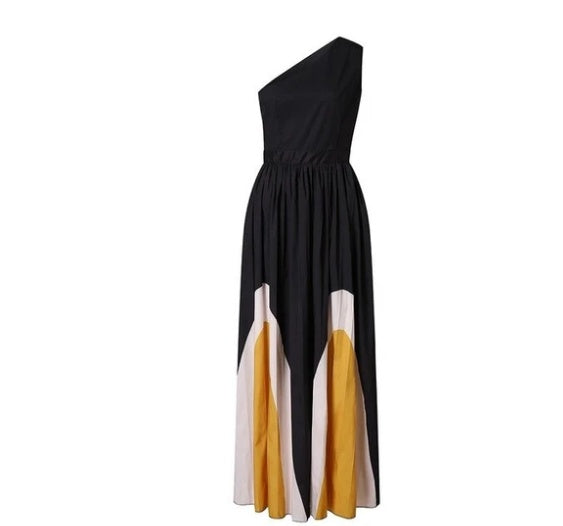 Stitching strapless contrast color maxi dress - ANIBEY
