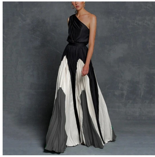 Stitching strapless contrast color maxi dress - ANIBEY