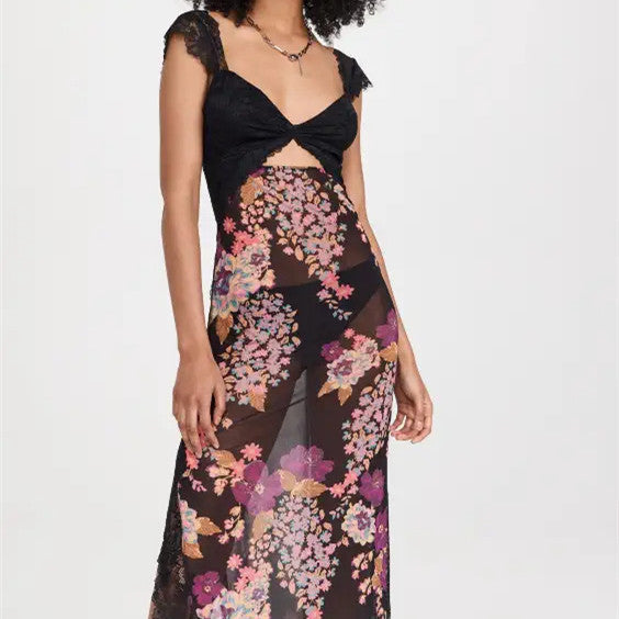 Gentle Lace Shoulder Strap Stitching Slit Length Dress - ANIBEY