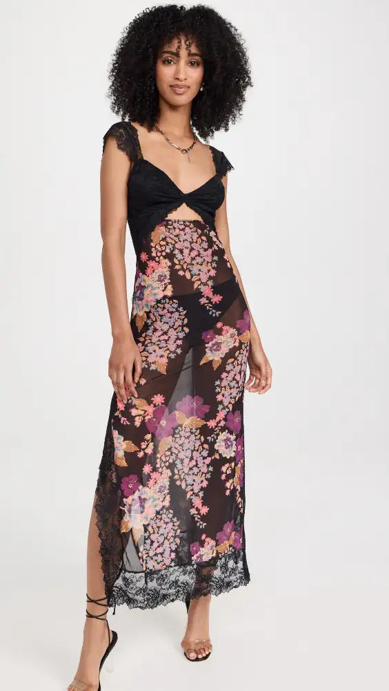 Gentle Lace Shoulder Strap Stitching Slit Length Dress - ANIBEY
