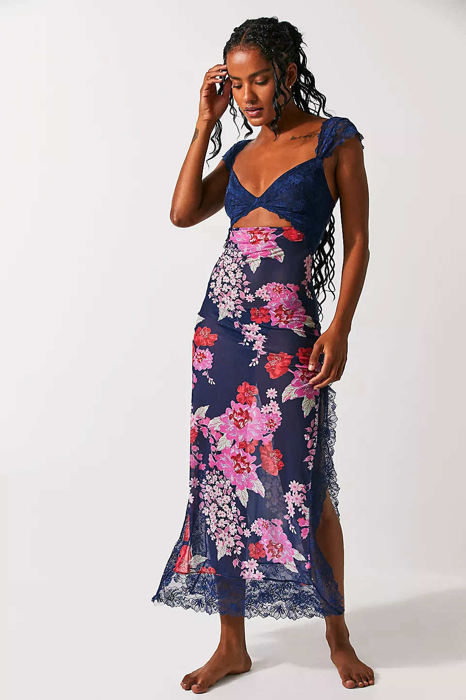 Gentle Lace Shoulder Strap Stitching Slit Length Dress - ANIBEY