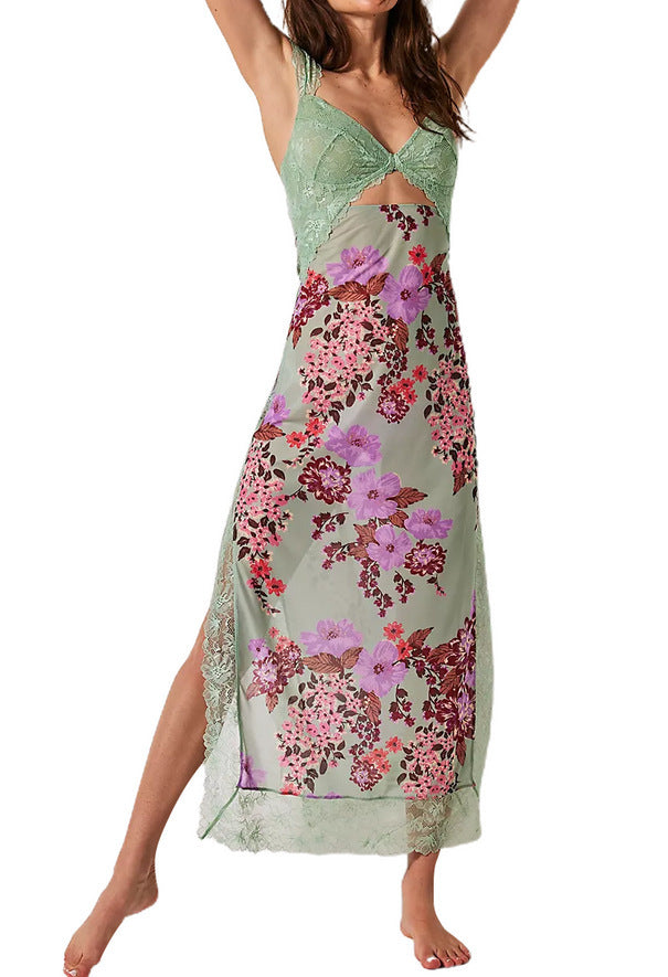 Gentle Lace Shoulder Strap Stitching Slit Length Dress - ANIBEY