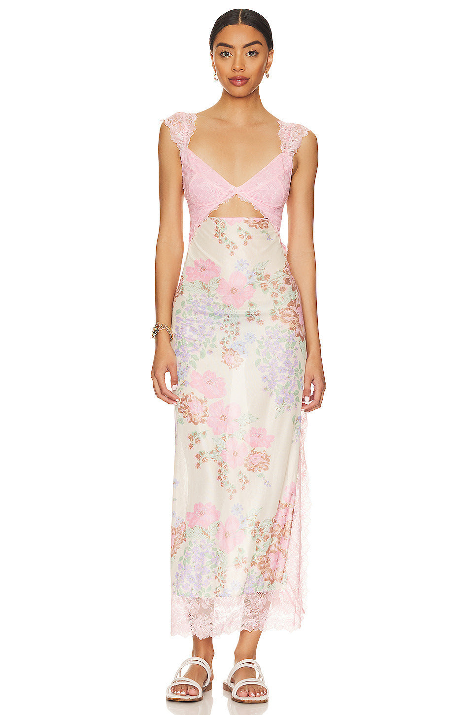 Gentle Lace Shoulder Strap Stitching Slit Length Dress - ANIBEY