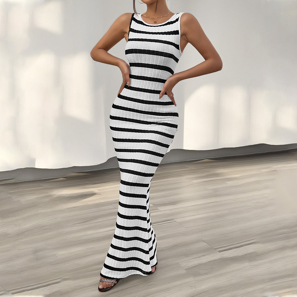 Women's Fashion Temperament Leisure Slim Striped Sleeveless Dress - ANIBEY