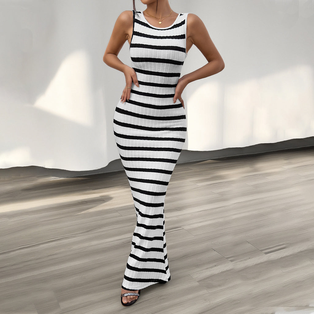Women's Fashion Temperament Leisure Slim Striped Sleeveless Dress - ANIBEY