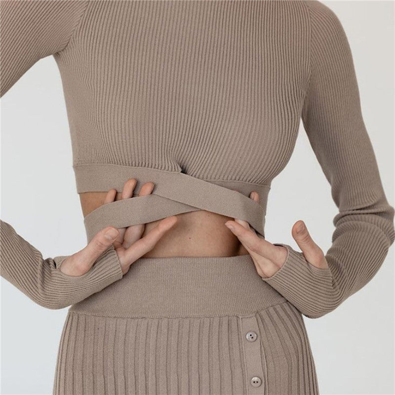 Slit Sweater Pleated Skirt And Tie Cardigan Set - ANIBEY