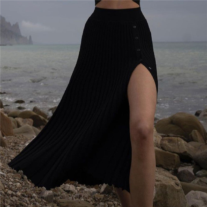 Slit Sweater Pleated Skirt And Tie Cardigan Set - ANIBEY