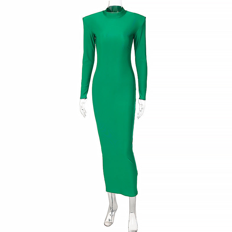 Elegant Round Neck Solid Color Slim Fit Long Sleeve Dress - ANIBEY