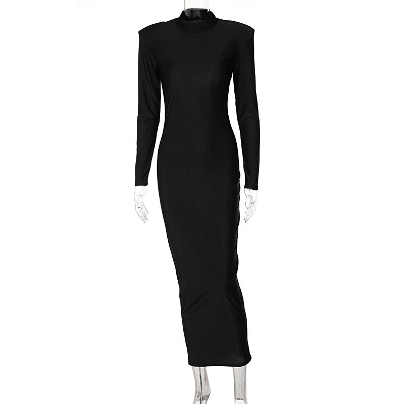 Elegant Round Neck Solid Color Slim Fit Long Sleeve Dress - ANIBEY