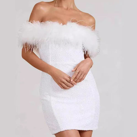 Feather Sequins Tube Top Package Hip Dress - ANIBEY