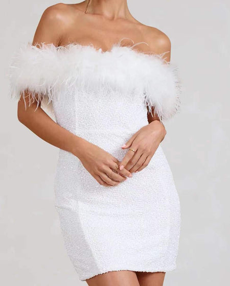 Feather Sequins Tube Top Package Hip Dress - ANIBEY