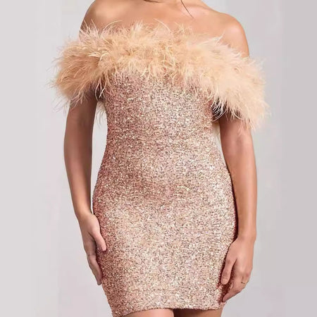 Feather Sequins Tube Top Package Hip Dress - ANIBEY