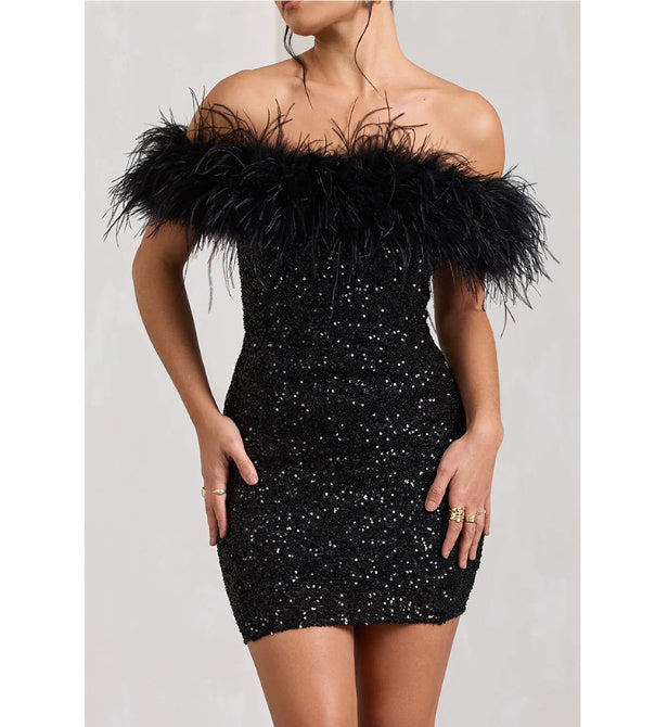 Feather Sequins Tube Top Package Hip Dress - ANIBEY