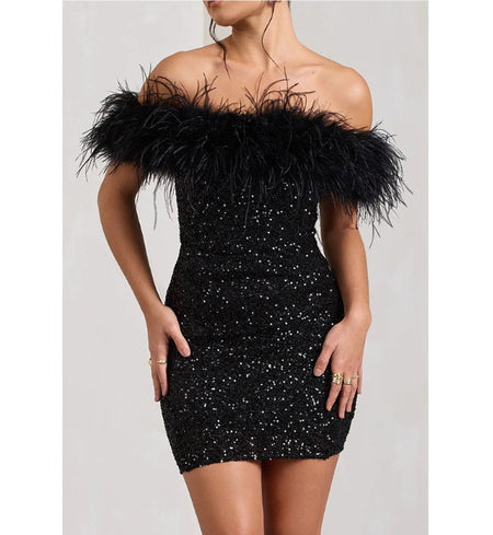 Feather Sequins Tube Top Package Hip Dress - ANIBEY
