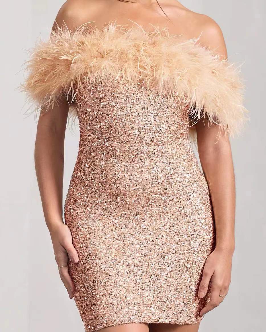 Feather Sequins Tube Top Package Hip Dress - ANIBEY