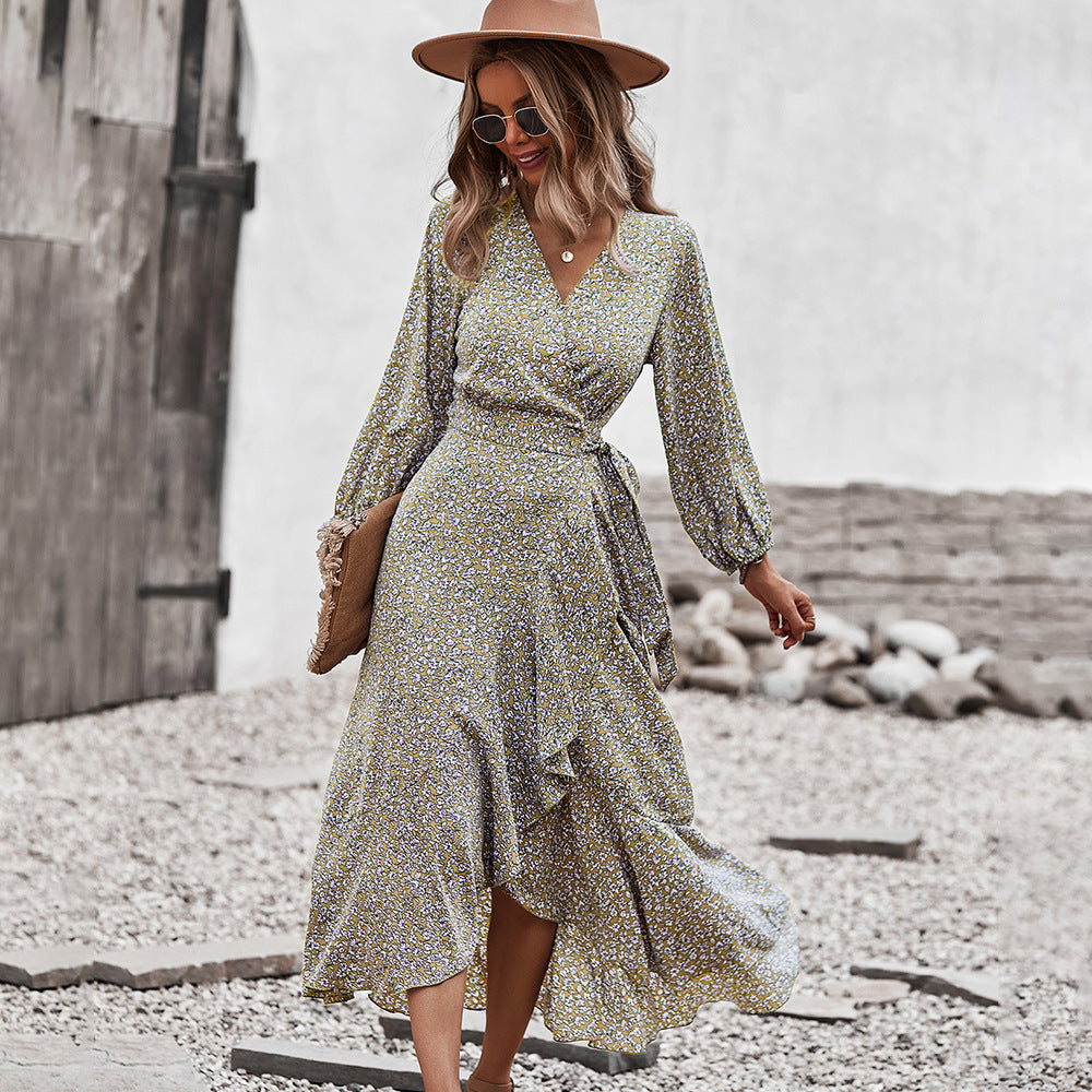 Floral Dress With Wrapped Chest And Strappy Skirt - ANIBEY