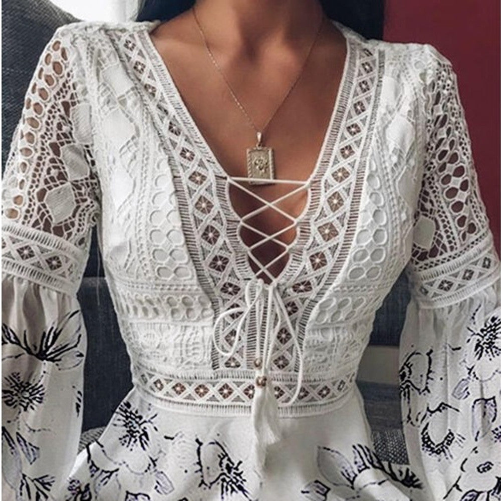 Flying Long Sleeve V-Neck Tie Cutout Dress Short - ANIBEY