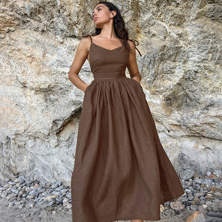 French Cotton And Linen Breathable Strap High Waist Dress Vacation Style Long Skirt For Women - ANIBEY