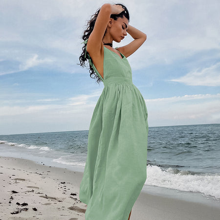 French Cotton And Linen Breathable Strap High Waist Dress Vacation Style Long Skirt For Women - ANIBEY