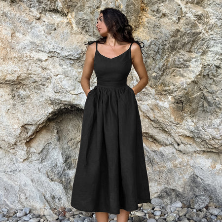 French Cotton And Linen Breathable Strap High Waist Dress Vacation Style Long Skirt For Women - ANIBEY