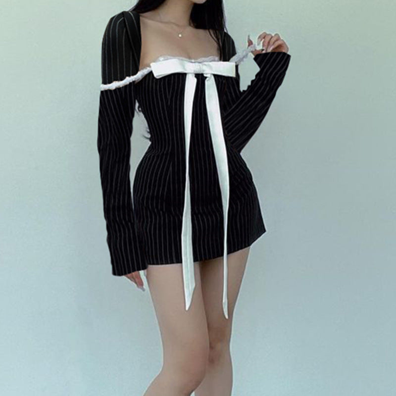 French Style Square Collar Bow Lace-up Elegant Striped Long Sleeve Dress Women - ANIBEY