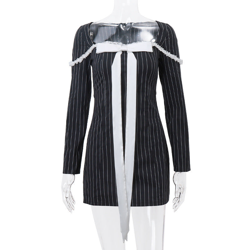 French Style Square Collar Bow Lace-up Elegant Striped Long Sleeve Dress Women - ANIBEY