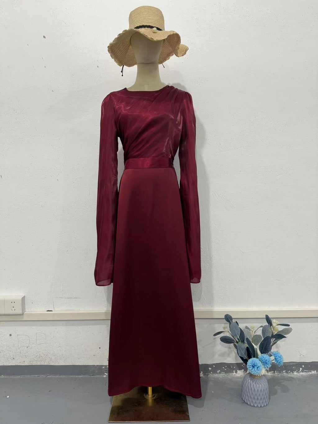 Glass Gauze Large Hem Sleeve Long Satin Slim Fit Dress - ANIBEY