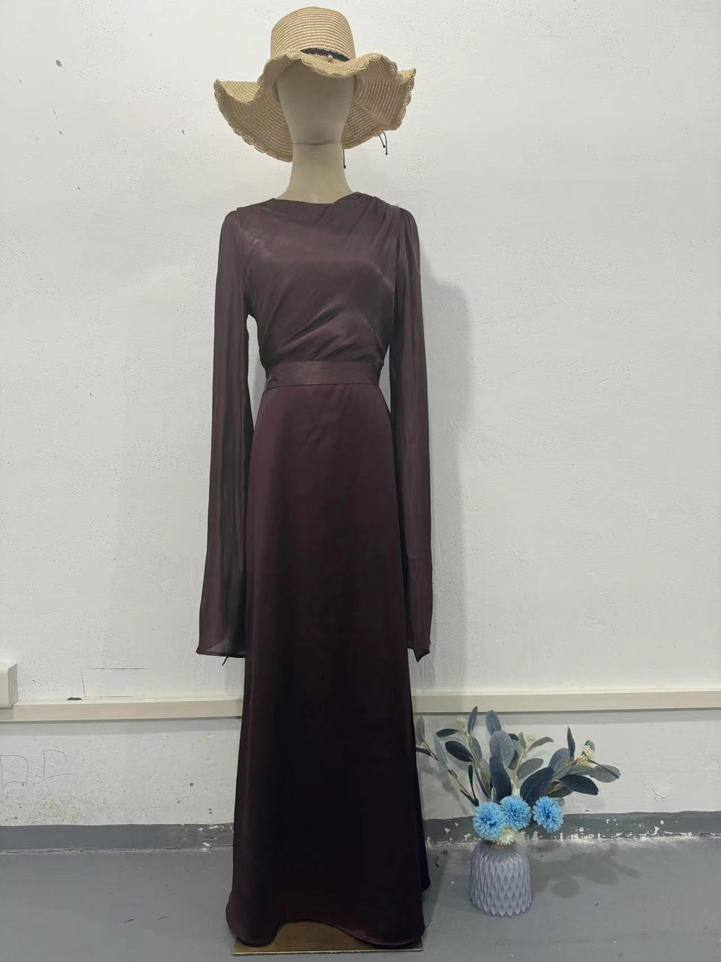 Glass Gauze Large Hem Sleeve Long Satin Slim Fit Dress - ANIBEY