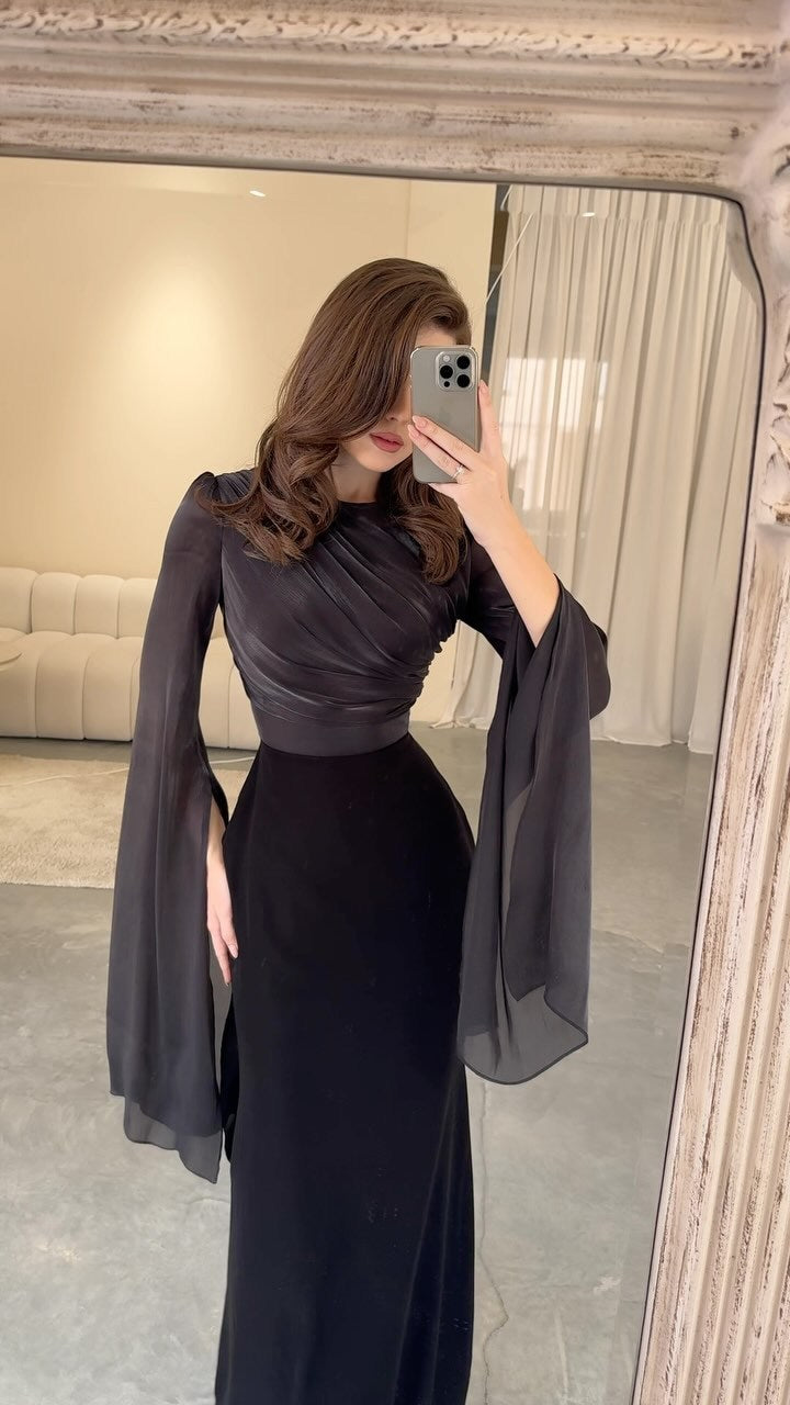 Glass Gauze Large Hem Sleeve Long Satin Slim Fit Dress - ANIBEY