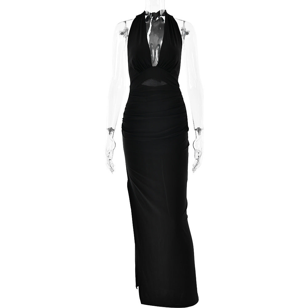 Halter Backless Long Pure Color Split Dress - ANIBEY