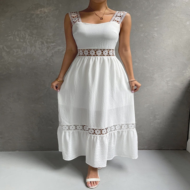Hollow Lace Elegant Dress Sling Slim Fit Patchwork Solid Color Sleeveless - ANIBEY