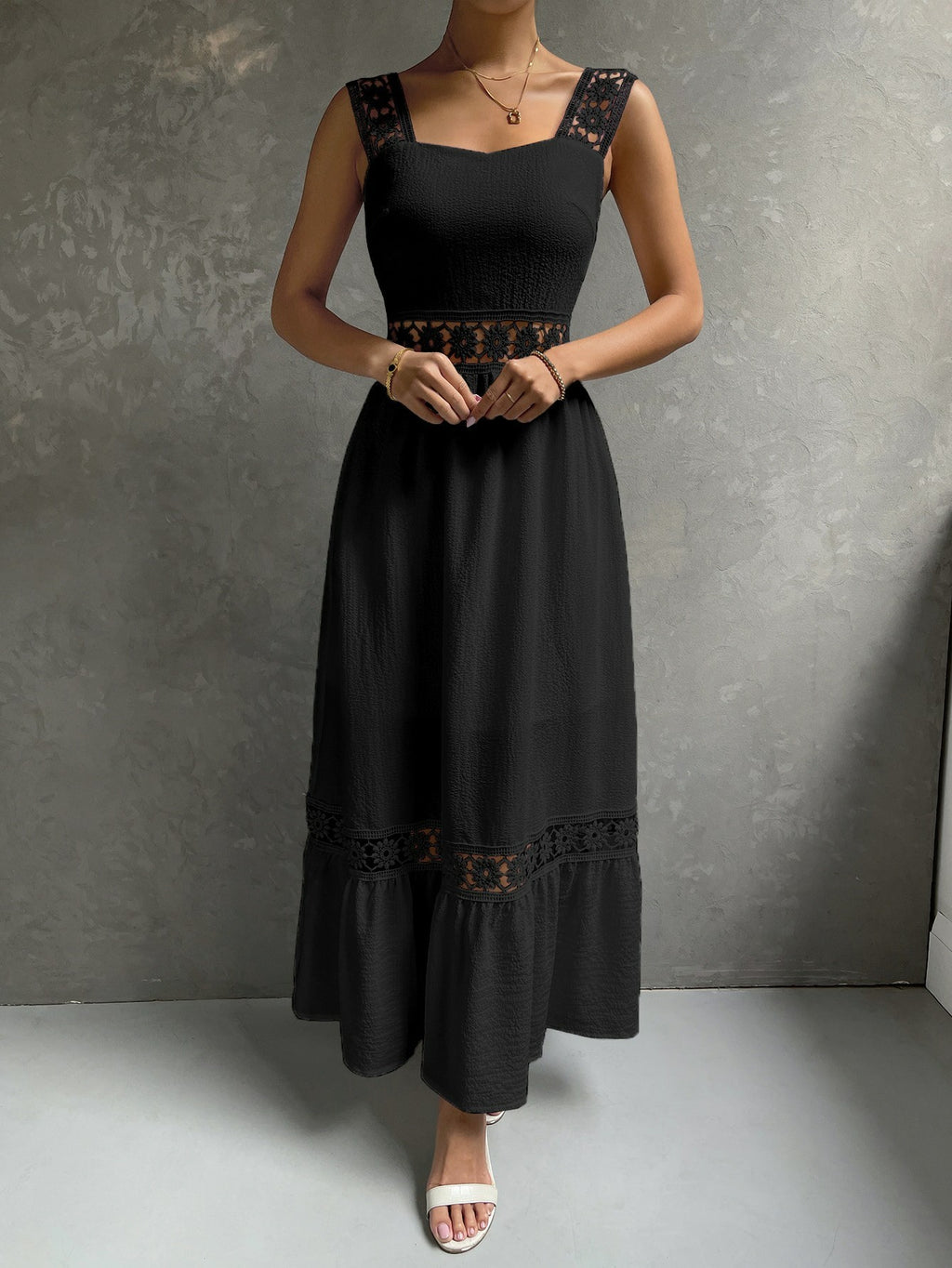 Hollow Lace Elegant Dress Sling Slim Fit Patchwork Solid Color Sleeveless - ANIBEY
