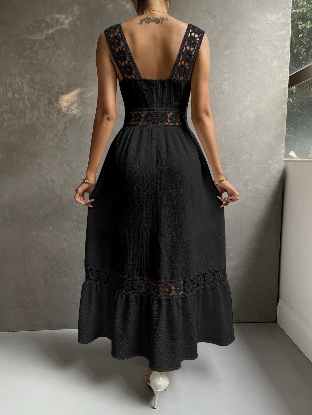Hollow Lace Elegant Dress Sling Slim Fit Patchwork Solid Color Sleeveless - ANIBEY
