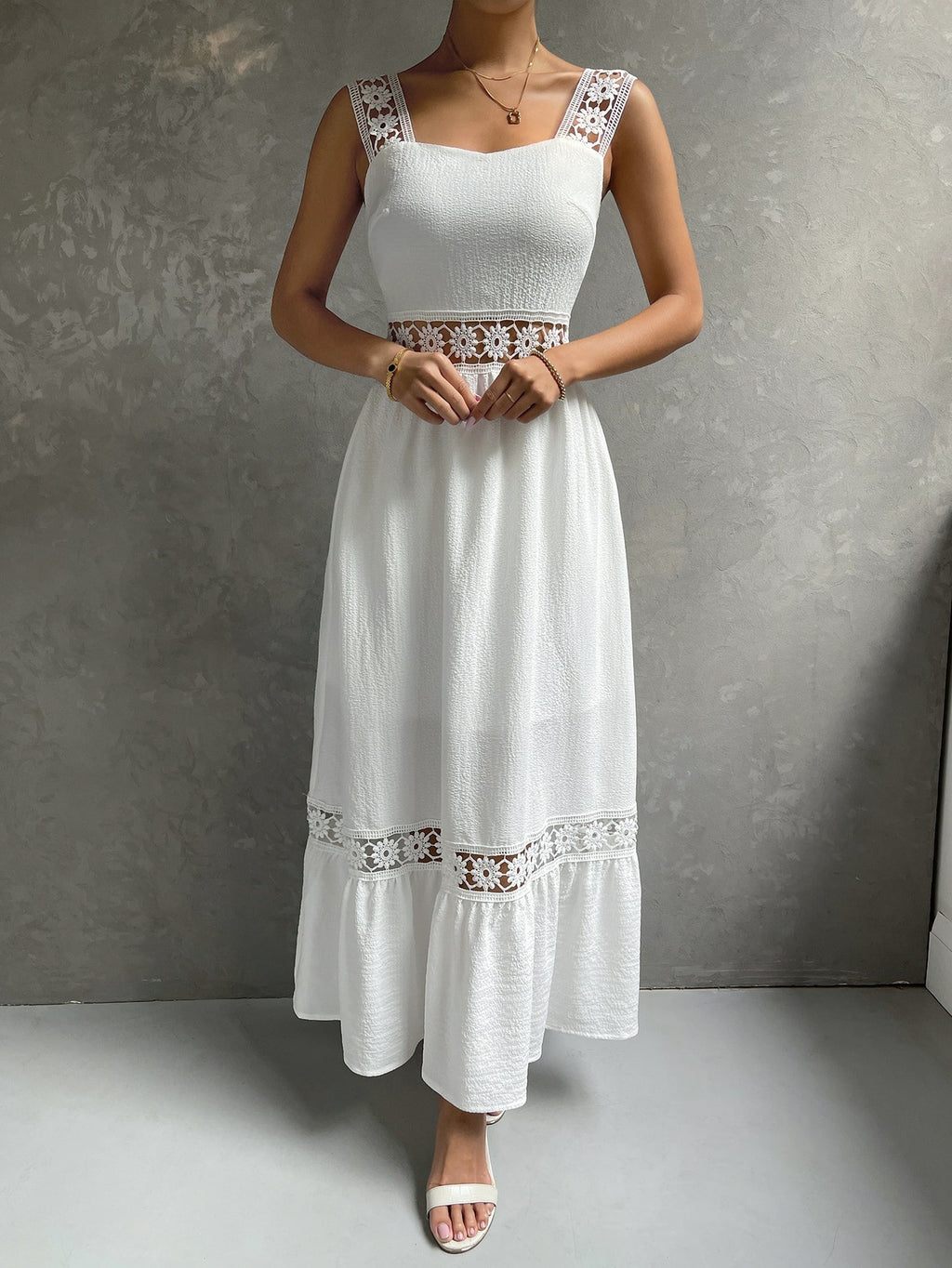 Hollow Lace Elegant Dress Sling Slim Fit Patchwork Solid Color Sleeveless - ANIBEY
