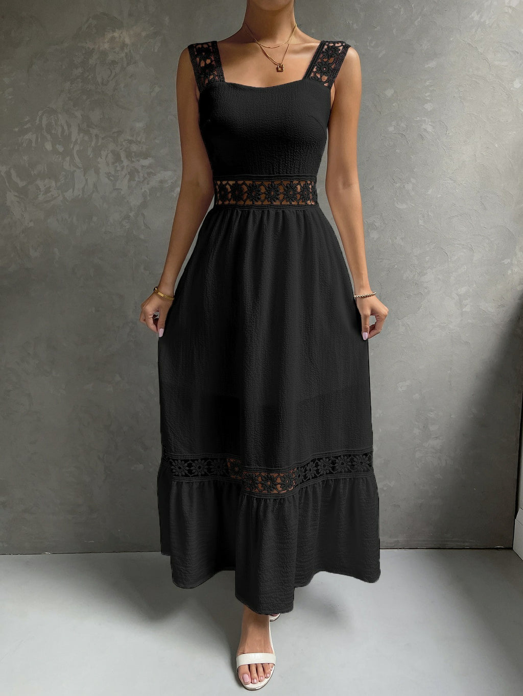 Hollow Lace Elegant Dress Sling Slim Fit Patchwork Solid Color Sleeveless - ANIBEY