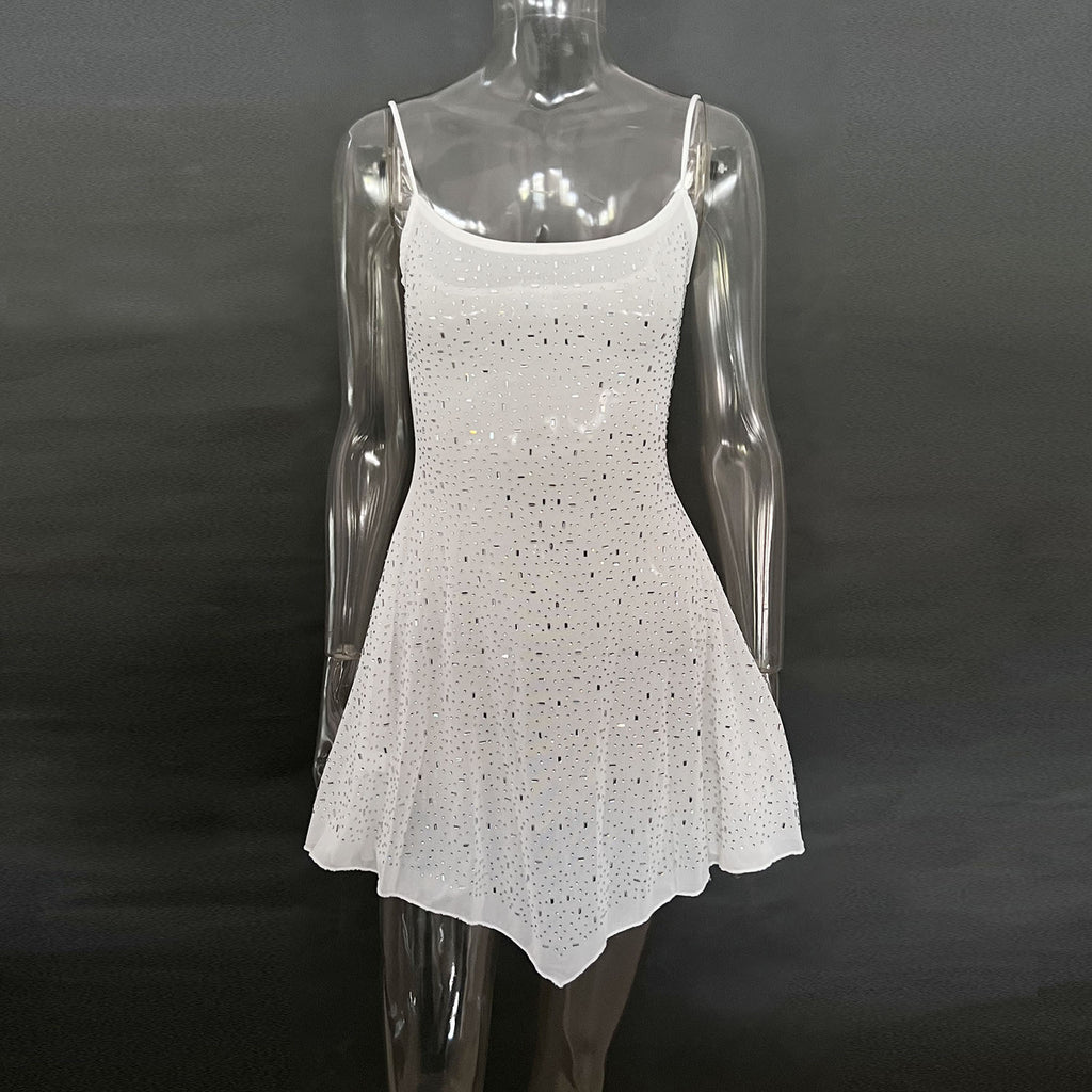 Hot Drilling Semi See-through Sling Short Dress - ANIBEY