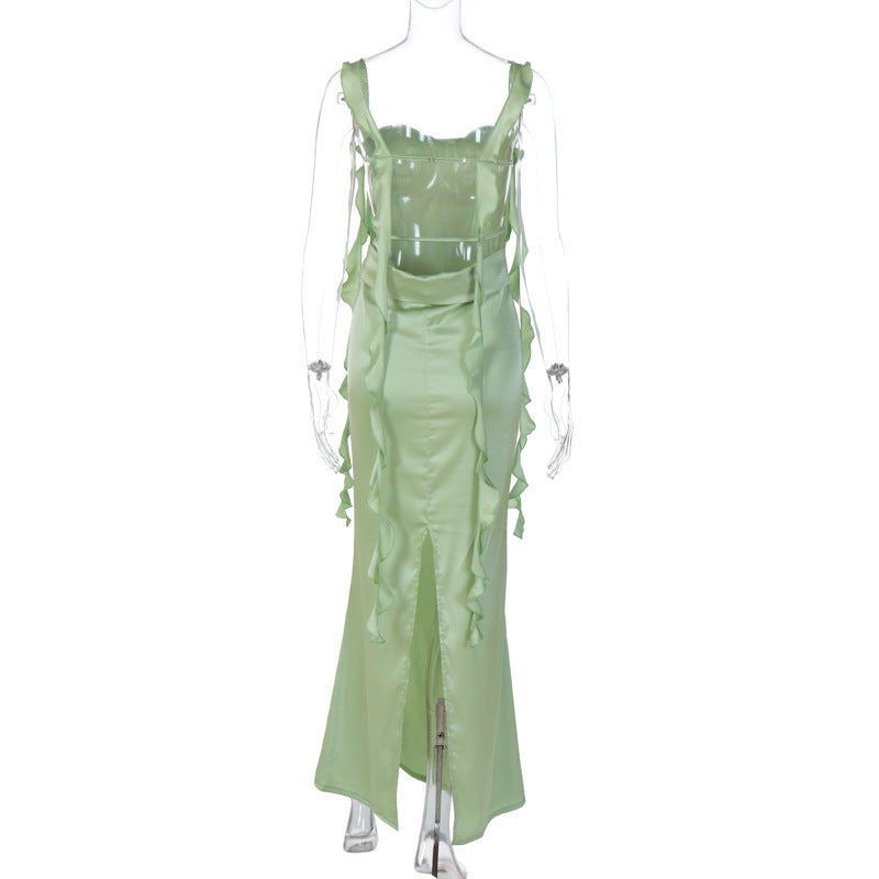 Lace Sling Backless Fashion Ruffles Ribbon Dress - ANIBEY