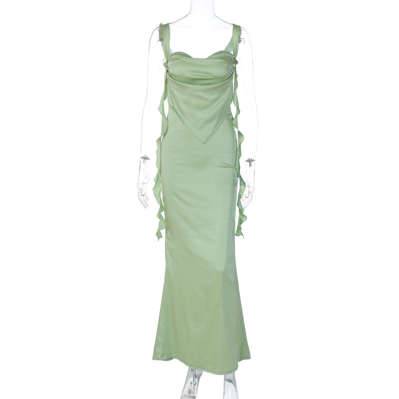 Lace Sling Backless Fashion Ruffles Ribbon Dress - ANIBEY