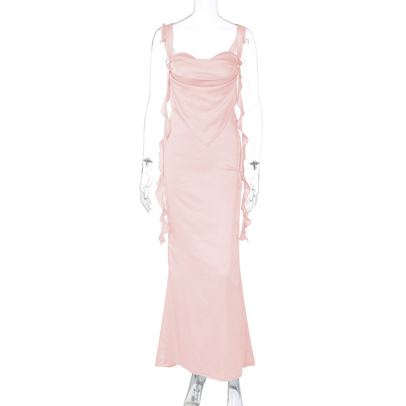 Lace Sling Backless Fashion Ruffles Ribbon Dress - ANIBEY