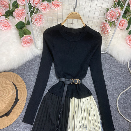 Long Sleeve Patchwork Pleated Skirt - ANIBEY