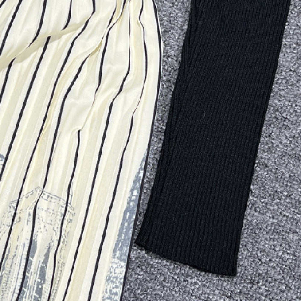 Long Sleeve Patchwork Pleated Skirt - ANIBEY