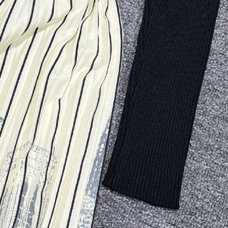 Long Sleeve Patchwork Pleated Skirt - ANIBEY