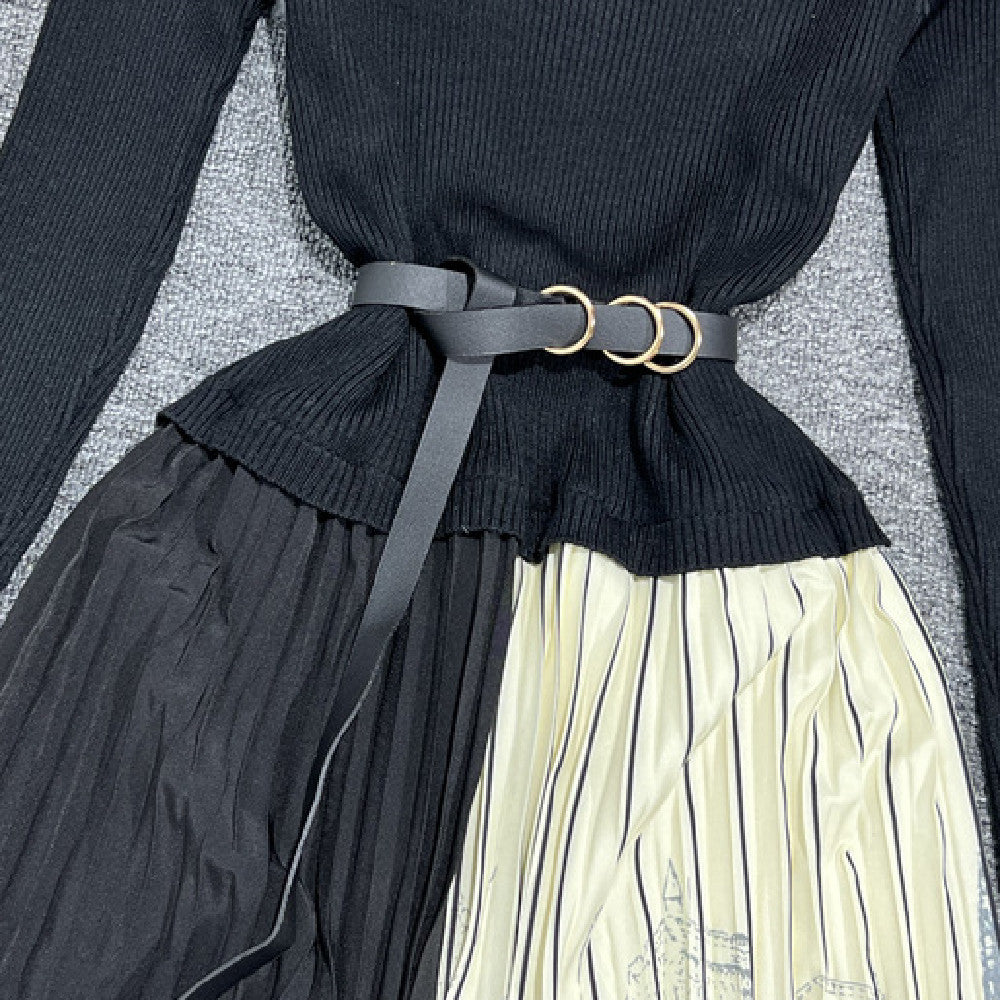 Long Sleeve Patchwork Pleated Skirt - ANIBEY